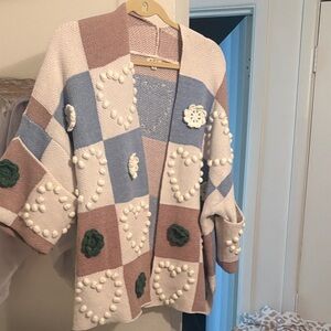 POL Patchwork Cardigan in Cream, Blue, and Brown